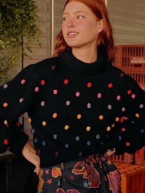 Black Pom-Pom Crewneck Sweater with Multicolor Dots